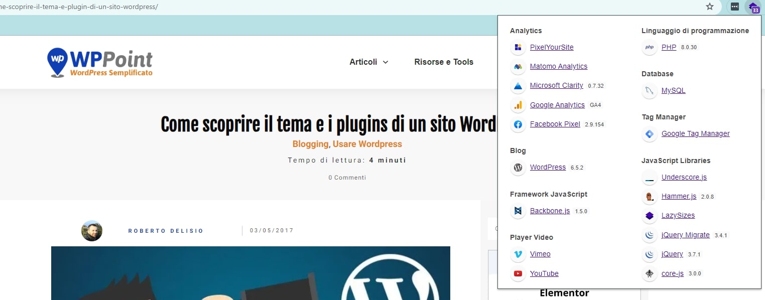 scoprire il tema e i plugin di un sito Wordpress